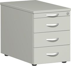 Rollcontainer mit 3 Metall-Schubfchern und Utensilienschubfach, Metall-Rollschubfhrung, Zentralverriegelung, verdeckte Doppel-Lenkrollen, 438x800x565, Lichtgrau/Lichtgrau